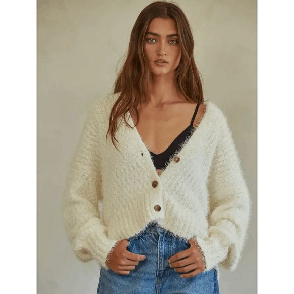 Ivory Sweater Button Down V-Neck Long Sleeve Cardigan - Picture 1 of 3